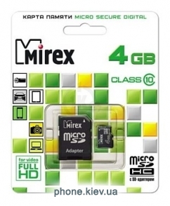 Mirex microSDHC Class 10 4GB + SD adapter